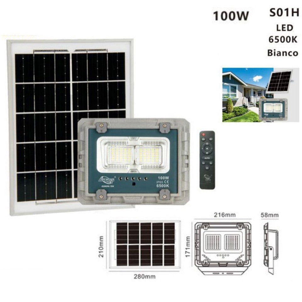 FARO LED CON PANNELLO SOLARE LUCE FREDDA FARETTO LED CASA GIARDINO ESTERNO 100W