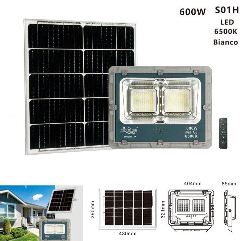 FARO LED CON PANNELLO SOLARE LUCE FREDDA FARETTO LED CASA GIARDINO ESTERNO 600W