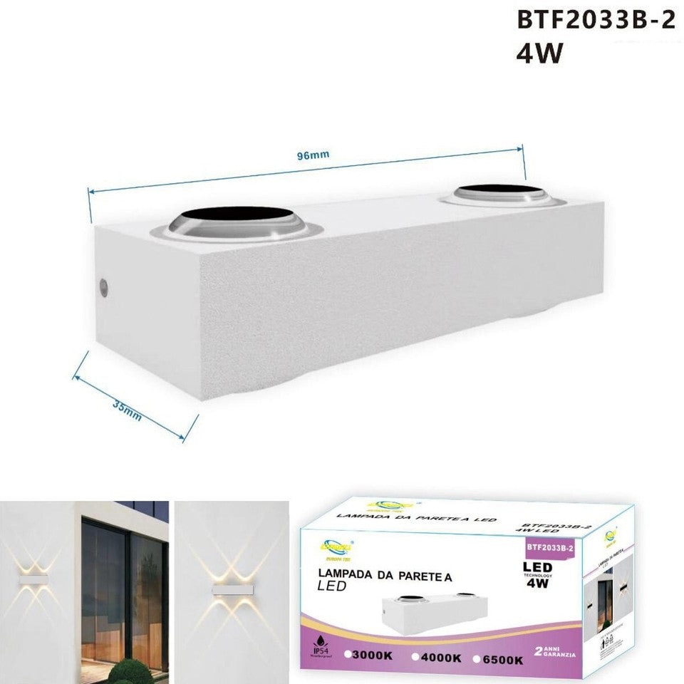 APPLIQUE LED 4W BIANCO LAMPADA LUCE CALDA 3000K PARETE UP DOWN ESTERNO INTERNO