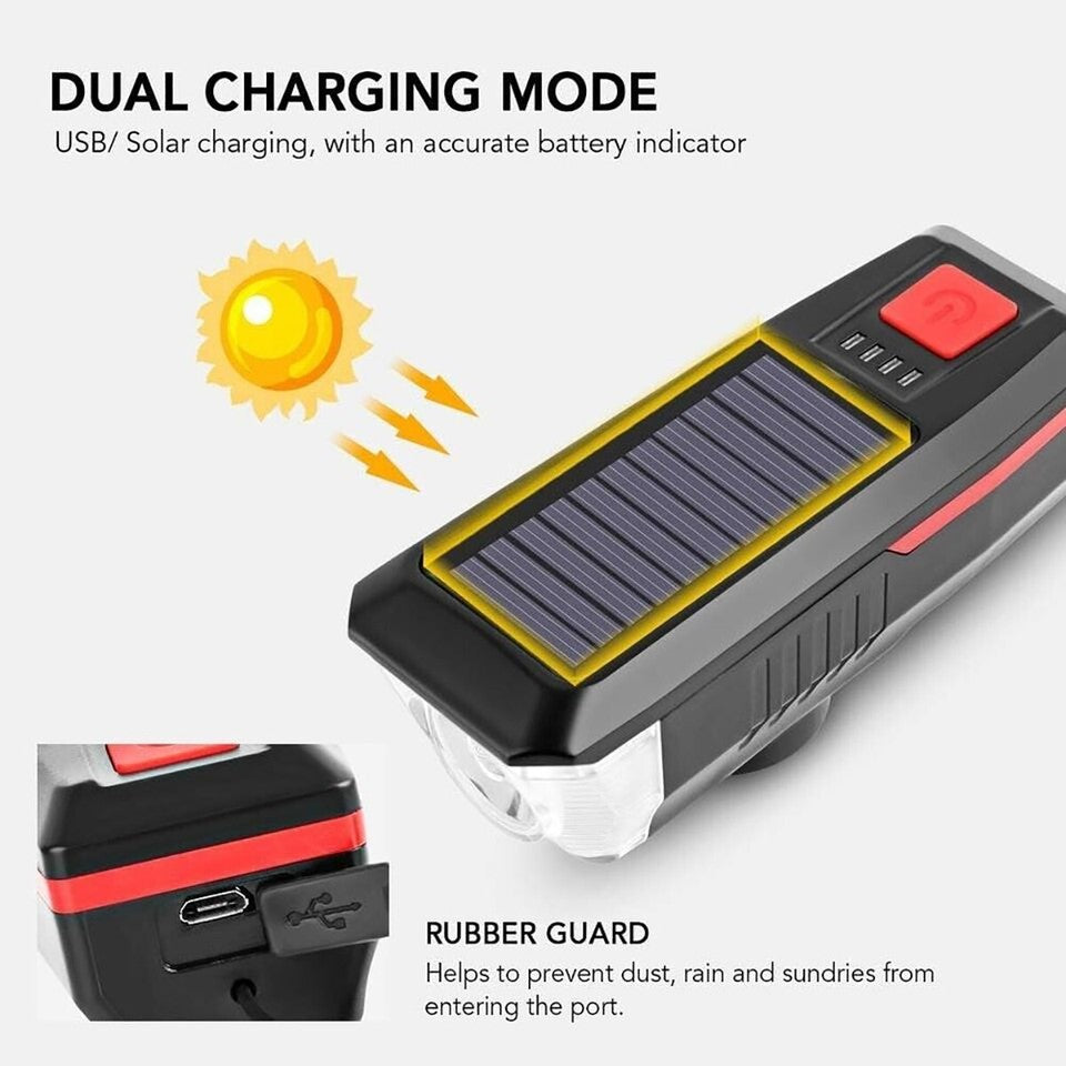 LUCE BICICLETTA LED RICARICABILE ENERGIA SOLARE FARO FANALE BICI USB CLACSON