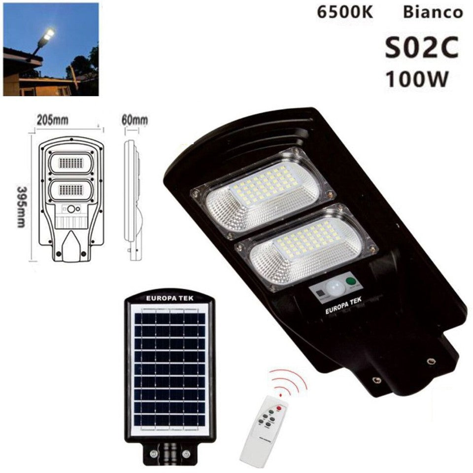LAMPIONE SOLARE  STRADALE FARO LED ESTERNO SENSORE DI MOVIMENTO TELECOMANDO 100W
