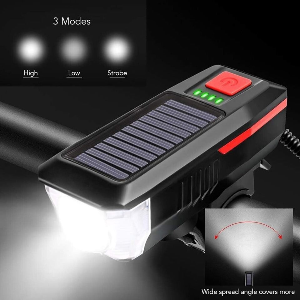 LUCE BICICLETTA LED RICARICABILE ENERGIA SOLARE FARO FANALE BICI USB CLACSON