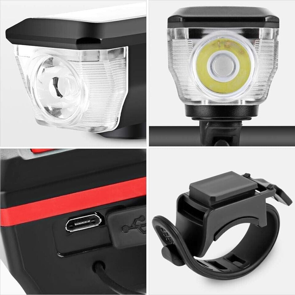 LUCE BICICLETTA LED RICARICABILE ENERGIA SOLARE FARO FANALE BICI USB CLACSON