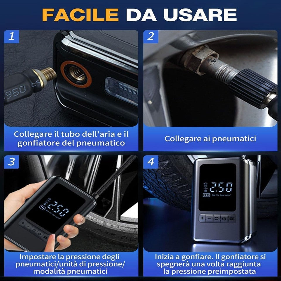 MINI COMPRESSORE AD ARIA AUTO PORTATILE GONFIATORE RICARICABILE DISPLAY LED AUTO