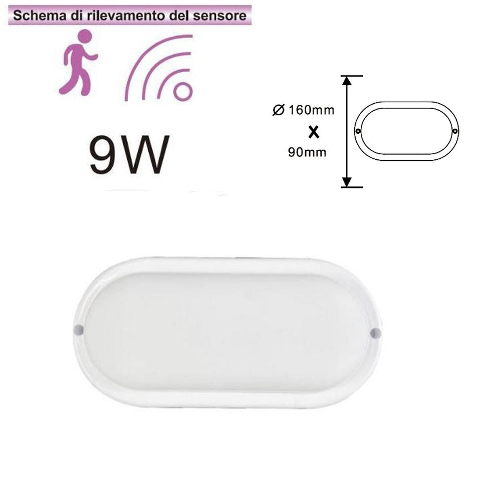 PLAFONIERA LED 9W DOME OVALE SENSORE MOVIMENTO IP56 BIANCO NATURALE 4000K 1521