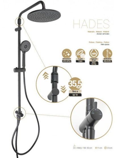 Saliscendi Hades Soffione e Doccetta 3 Getti Nero Opaco  mod. hades  Metaform