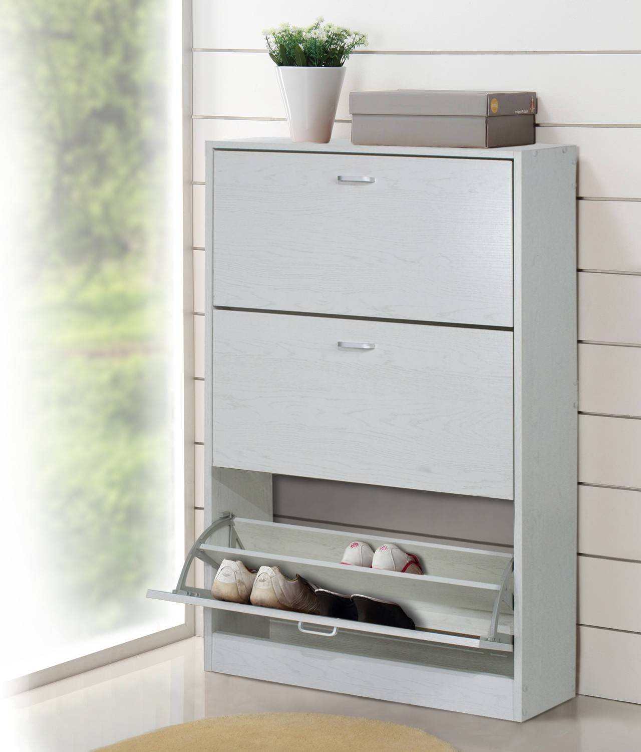 Scarpiera doppia profondità 3 ante, legno sbiancato 63X24X115cm