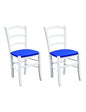SET 2 SOLID WOOD WHITE CHAIRS WITH UPHOLSTERED BLUE SEAT