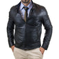 Men's Black Slim Fit Real Leather Biker Jacket with Button Collar Rindway