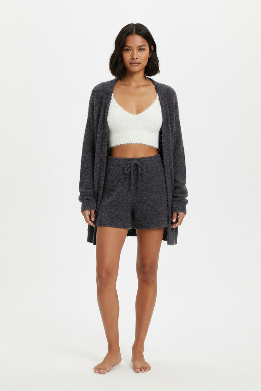 Set 3 Pezzi Donna Peloso con Giacca Lunga, Shorts e Canotta