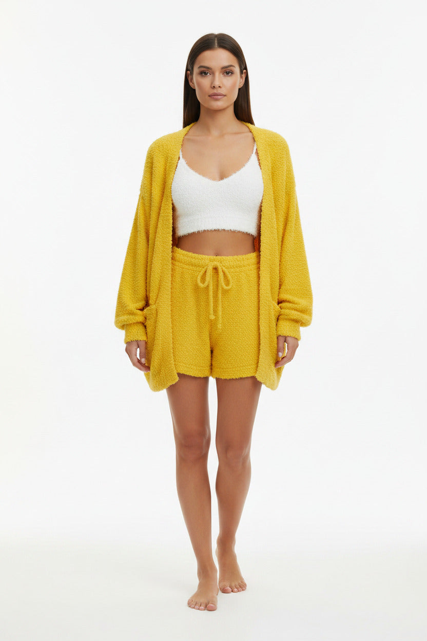 Set 3 Pezzi Donna Peloso con Giacca Lunga, Shorts e Canotta