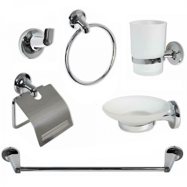 Modernes Bad-Set aus Chromstahl und satiniertem Glas, 6-teilig, Wohnaccessoires 69984