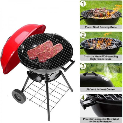 Runder Holzkohlegrill BBQ GRILL GARTEN MIT DECKEL RÄDERN GRILLROST