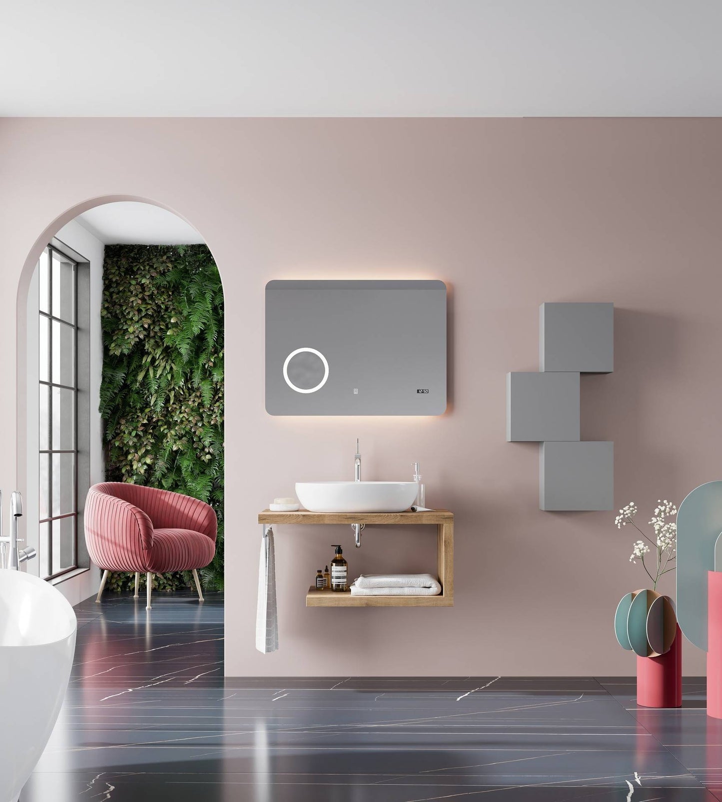Specchiera touch con lente d' ingrandimento e orologio da cm 80x60