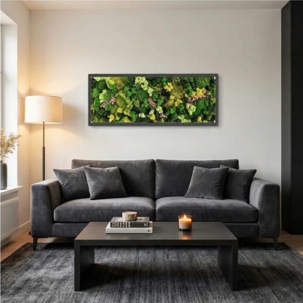 Quadro Rettangolare Muschio e Licheni Stabilizzati con Sughero – 90x30 cm | Cornice Bianca o Nera