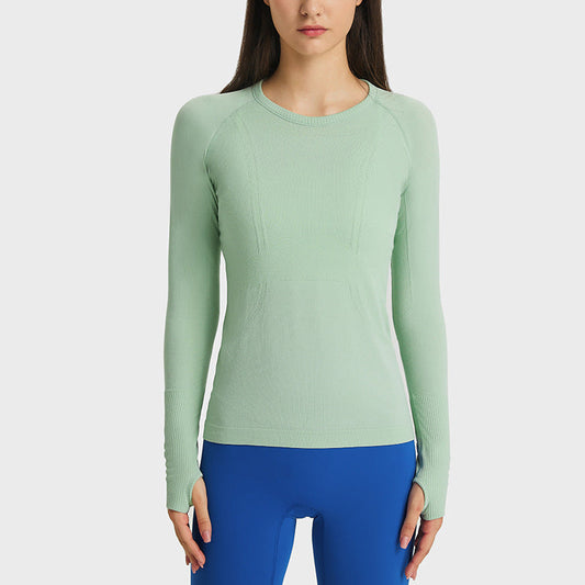 T-shirt sportiva da donna con scollo tondo a maniche lunghe, abbigliamento da yoga traspirante e sottile