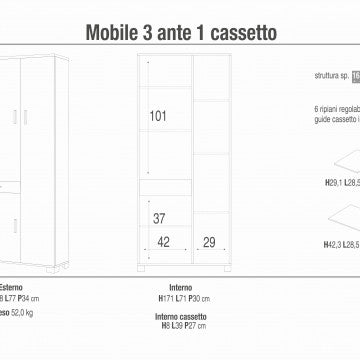 Mobile 3 ante con 1 cassetto - kit bianco fiammato cm 77 l x 34 p x 178