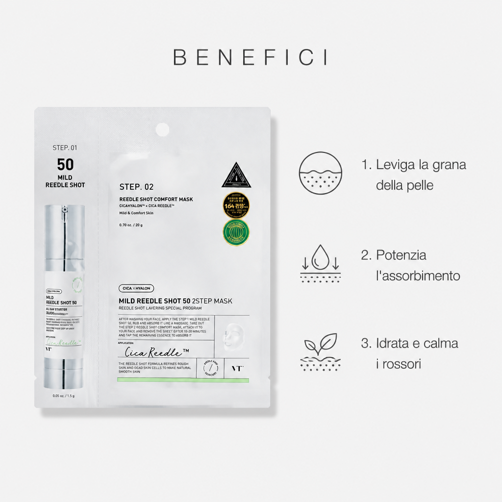 VT Cosmetics Mild Reedle Shot 50 2-Step Mask – Maschera Viso Levigante 25g