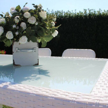 Gartentisch Azore 150 x 90 rechteckig mit Metall- und Wickergeflecht und Glasplatte