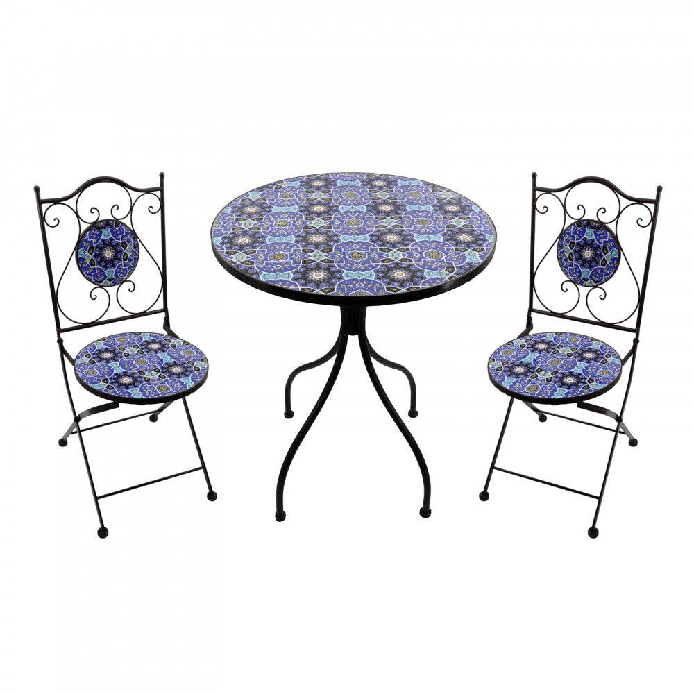 Set 2 Sedie e Tavolo Rotondo Ø 60 Nox - Azzurro/Blu, Ceramica, Pieghevole
